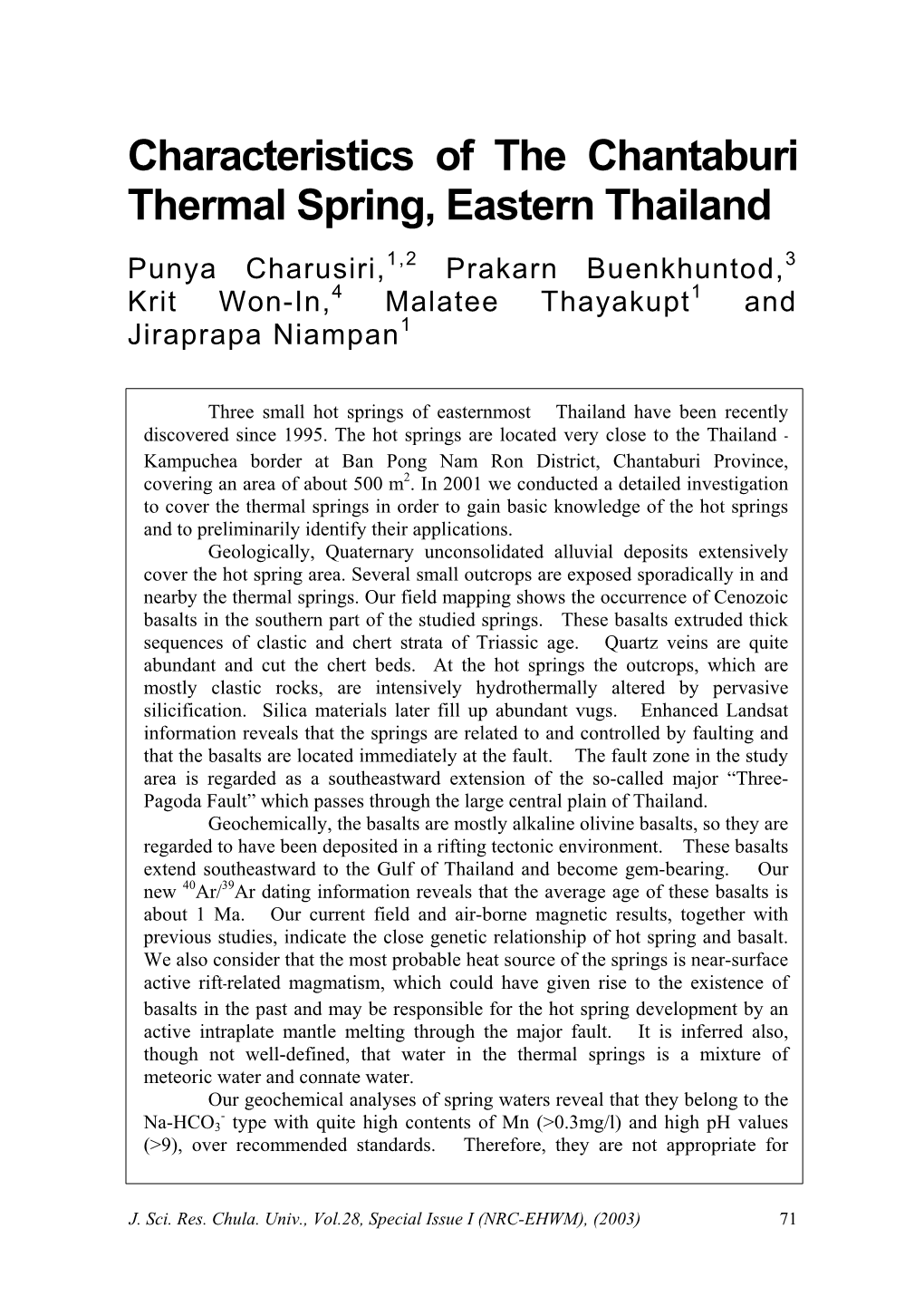 Characteristics of the Chantaburi Thermal Spring, Eastern Thailand