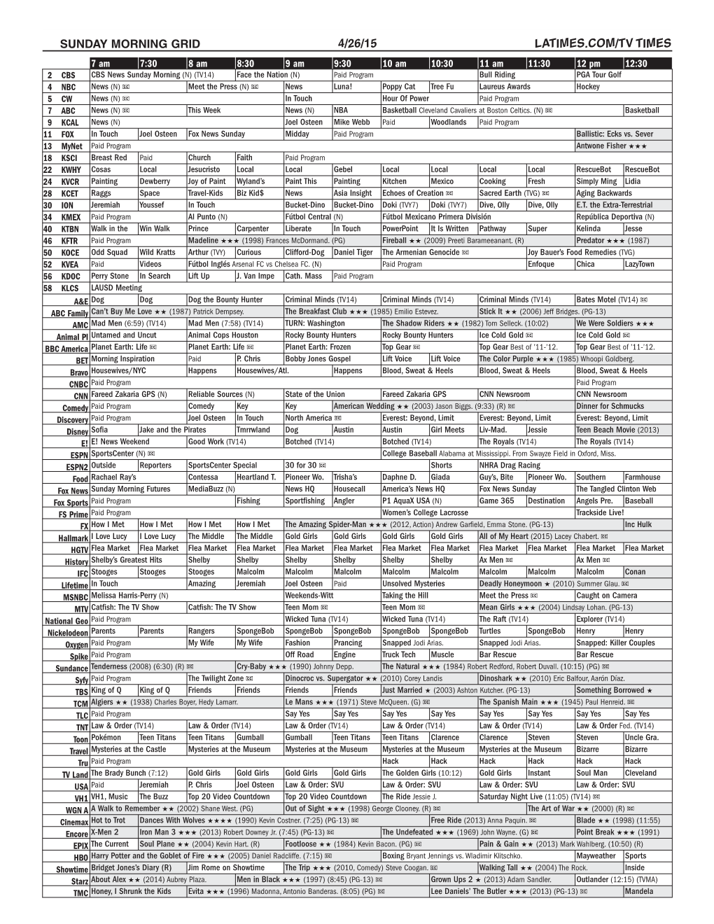 Sunday Morning Grid 4/26/15 Latimes.Com/Tv Times