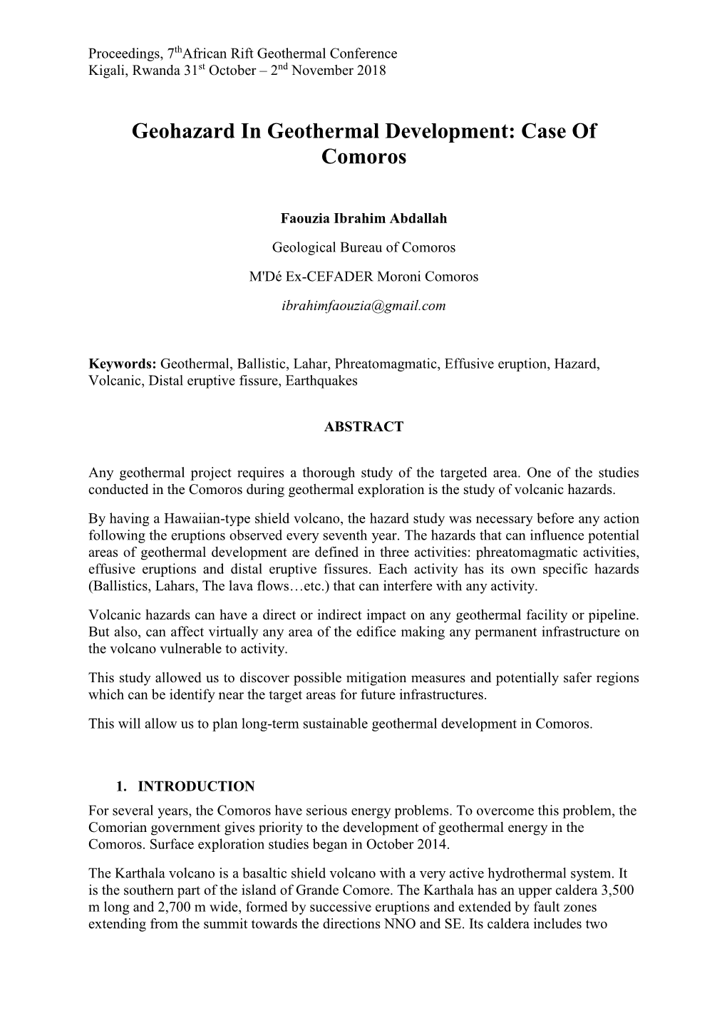 Geohazard in Geothermal Development: Case of Comoros