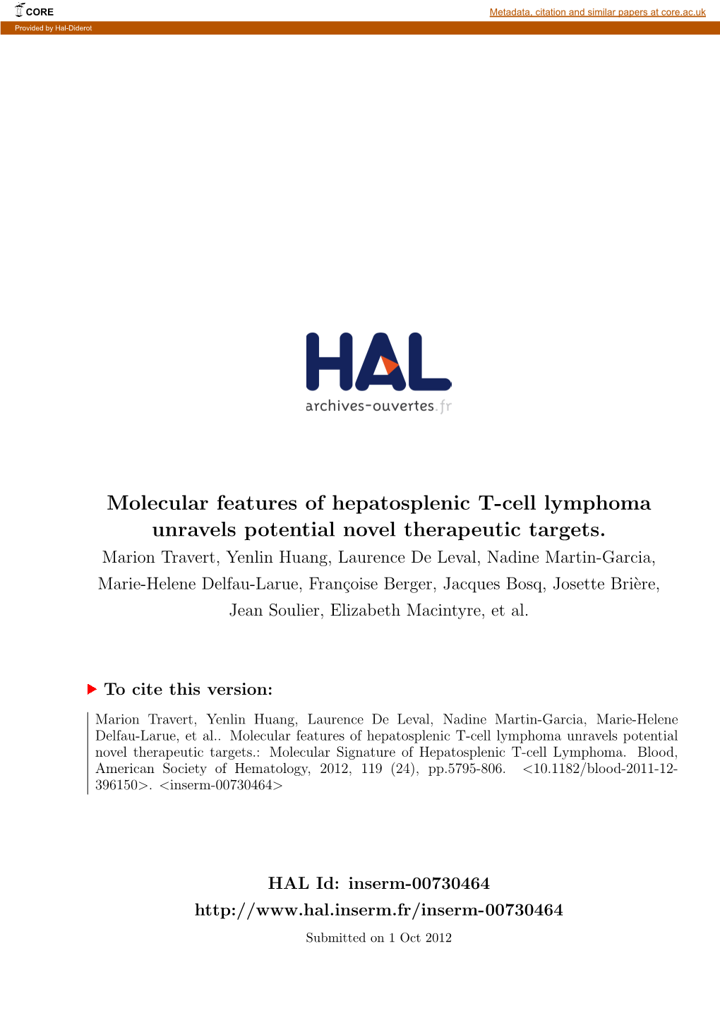 Molecular Features of Hepatosplenic T-Cell Lymphoma Unravels Potential Novel Therapeutic Targets