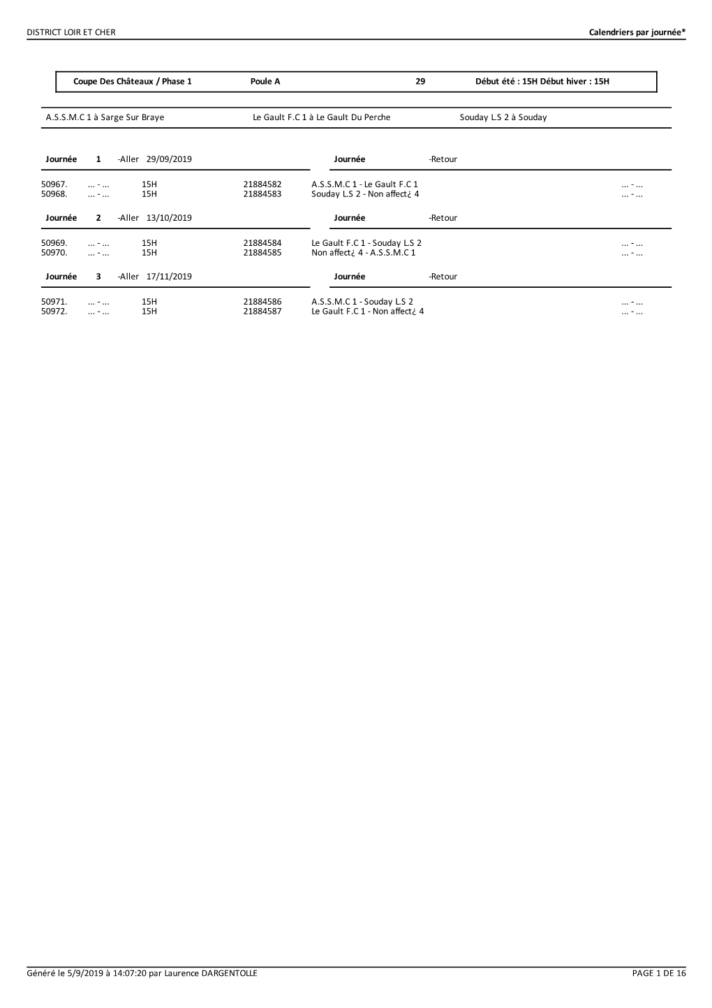 DISTRICT LOIR ET CHER Calendriers Par Journée* Généré Le 5/9/2019 À