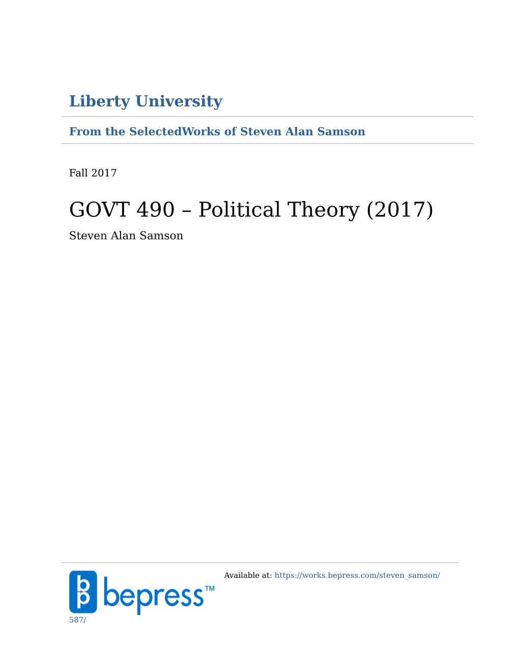 GOVT 490 – Political Theory (2017) Steven Alan Samson
