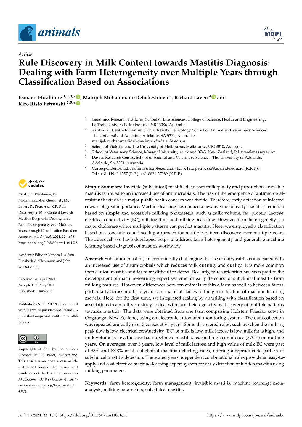 Rule Discovery in Milk Content Towards Mastitis Diagnosis: Dealing with Farm Heterogeneity Over Multiple Years Through Classiﬁcation Based on Associations