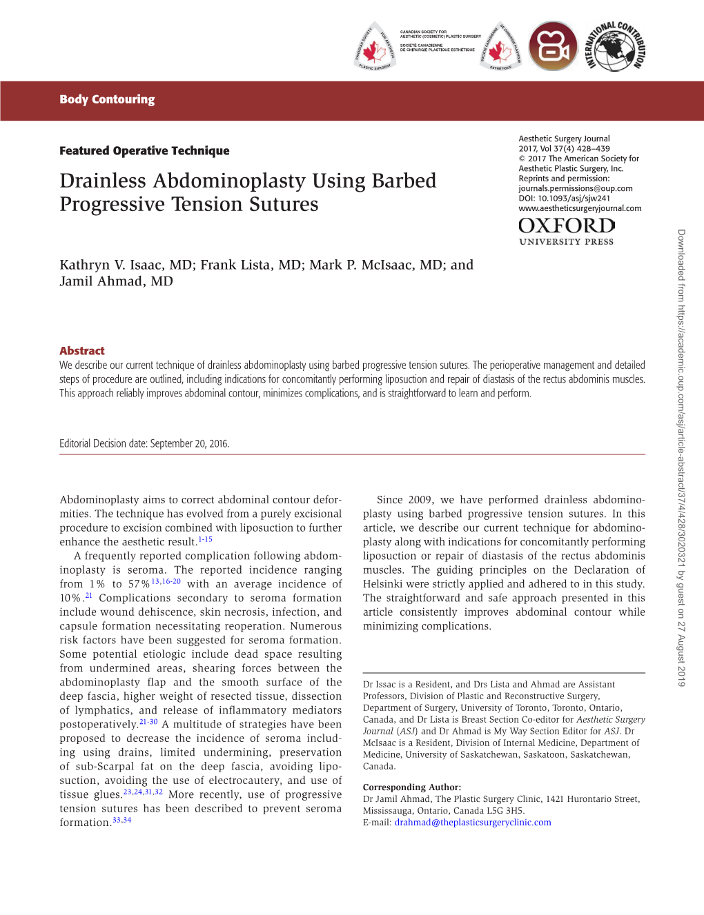 Drainless Abdominoplasty Using Barbed Progressive Tension Sutures