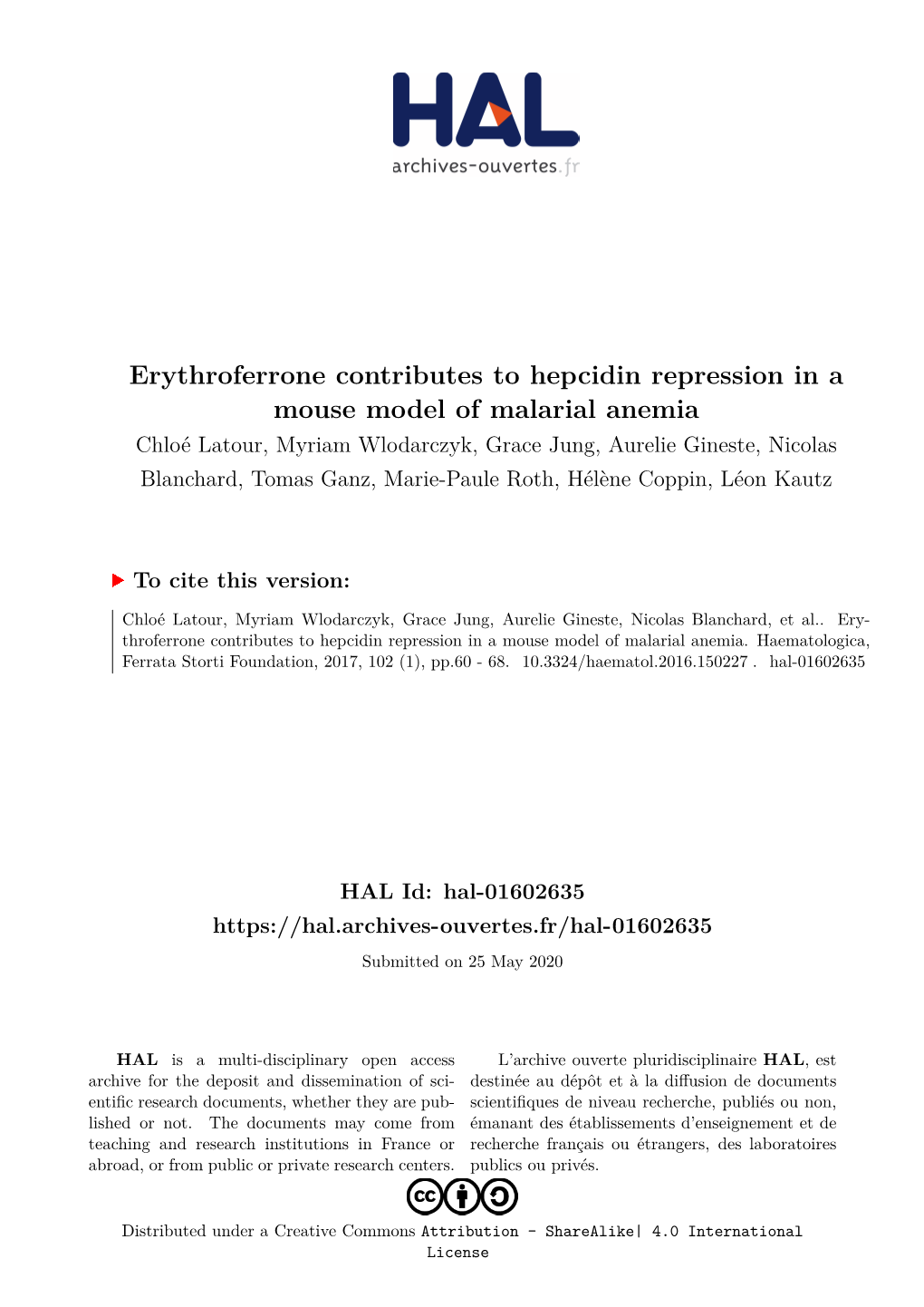 Erythroferrone Contributes to Hepcidin Repression in a Mouse Model of Malarial Anemia