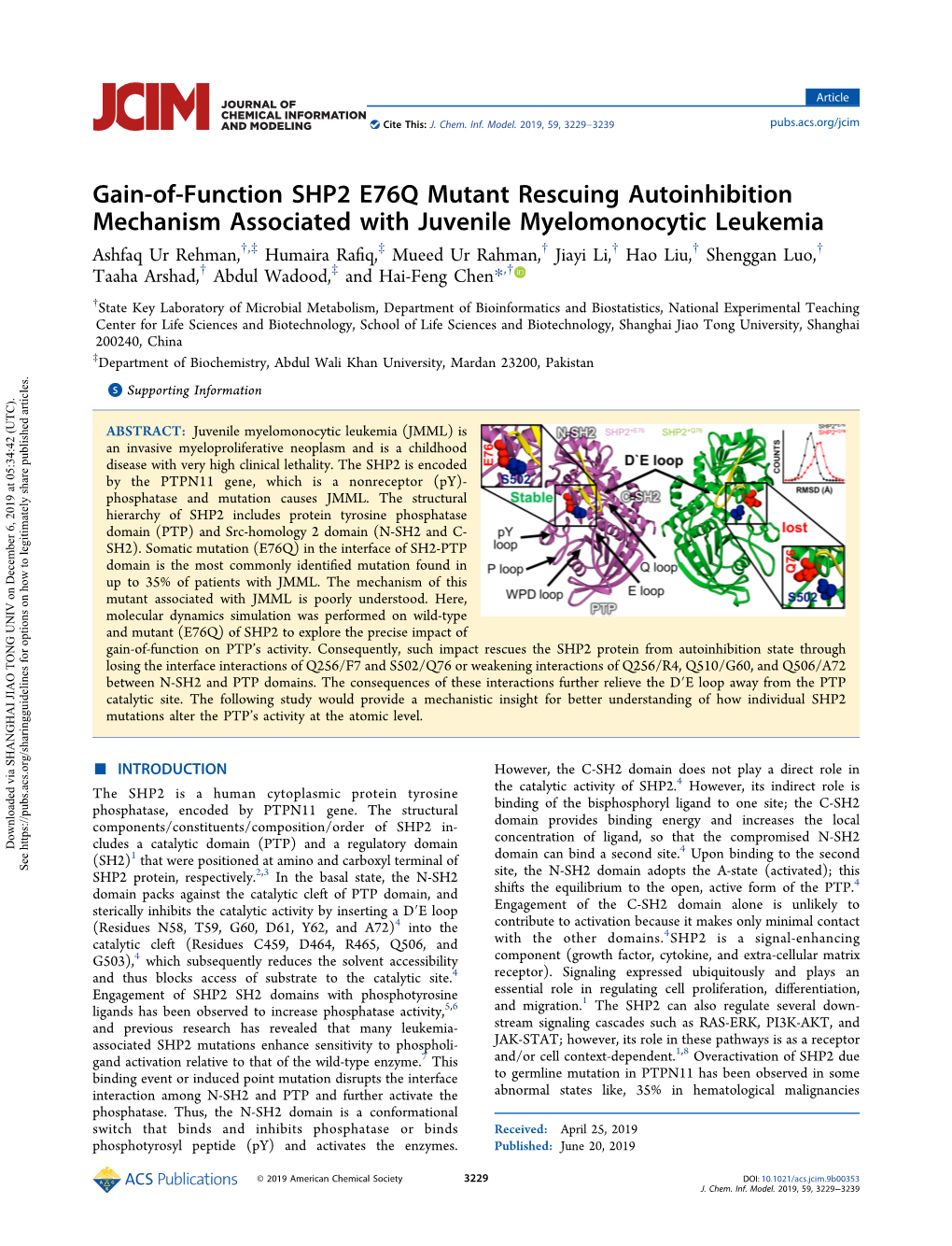 Gain-Of-Function SHP2 E76Q Mutant Rescuing Autoinhibition