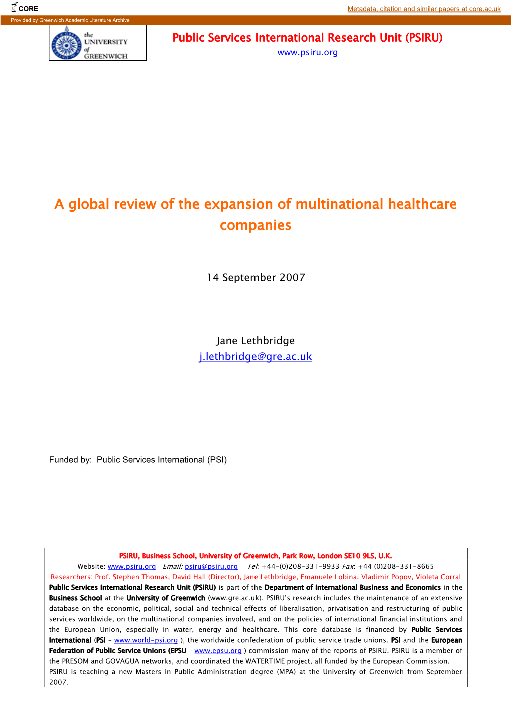 A Global Review of the Expansion of Multinational Healthcare Companies