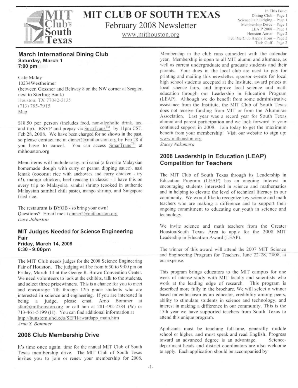 2008 Newsletter LLA P 2008 Page South Houston Aeros Page Fctr Ifitcrclub Happy Hour Pagc Texas Tcch Coll' Pagc