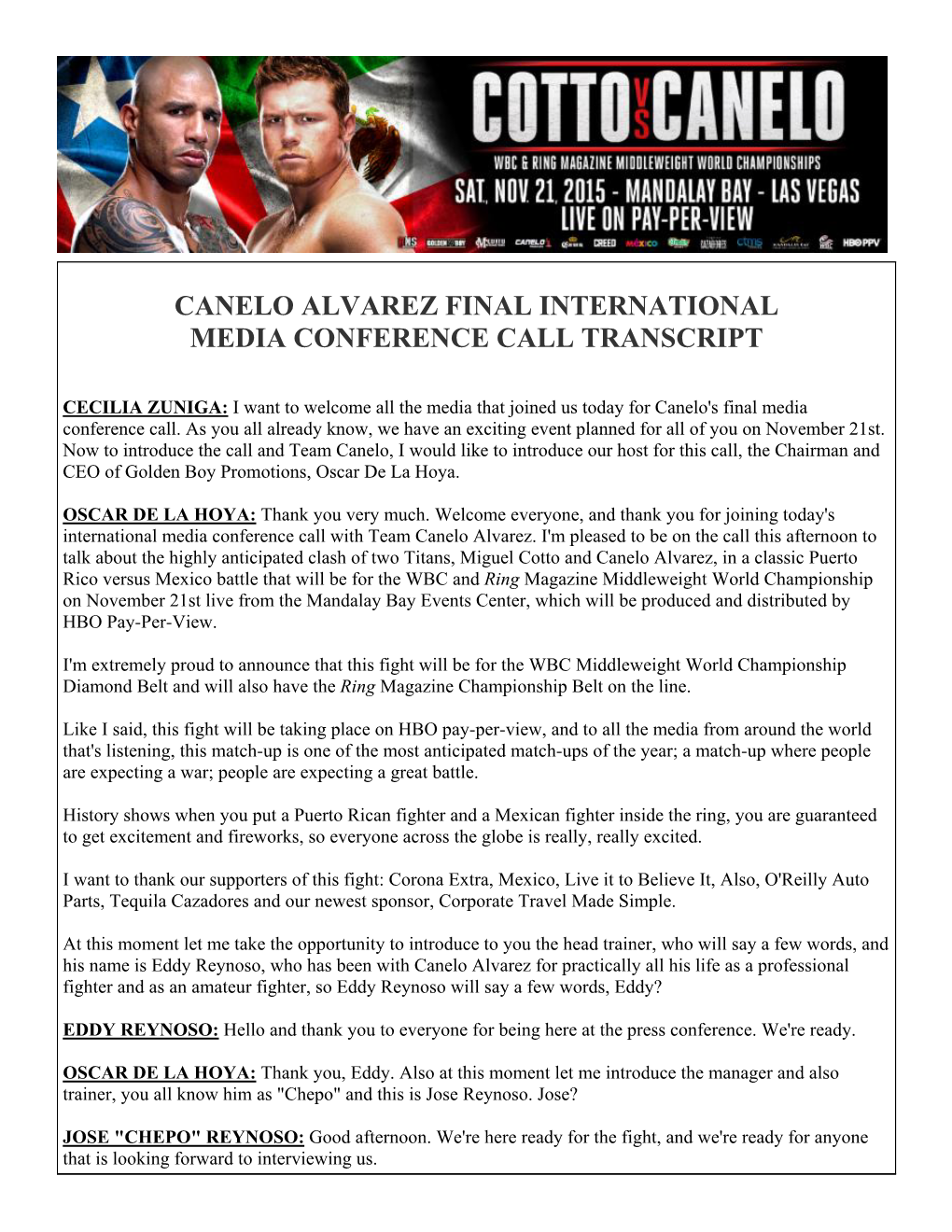 Canelo Alvarez Final International Media Conference Call Transcript