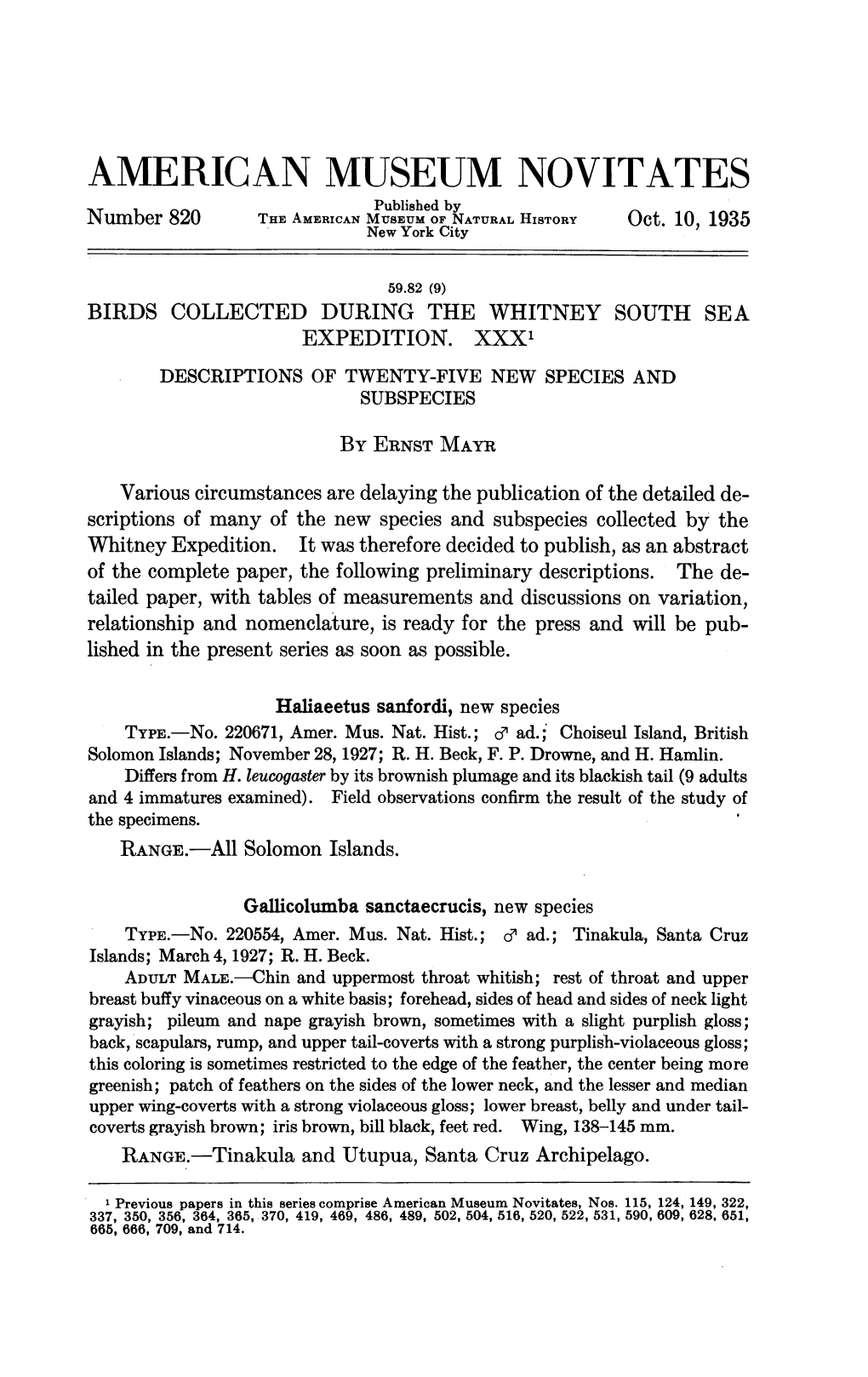 AMERICAN MUSEUM NOVITATES Published by Number 820 the AMERICAN MUSEUM of NATURAL HISTORY Oct