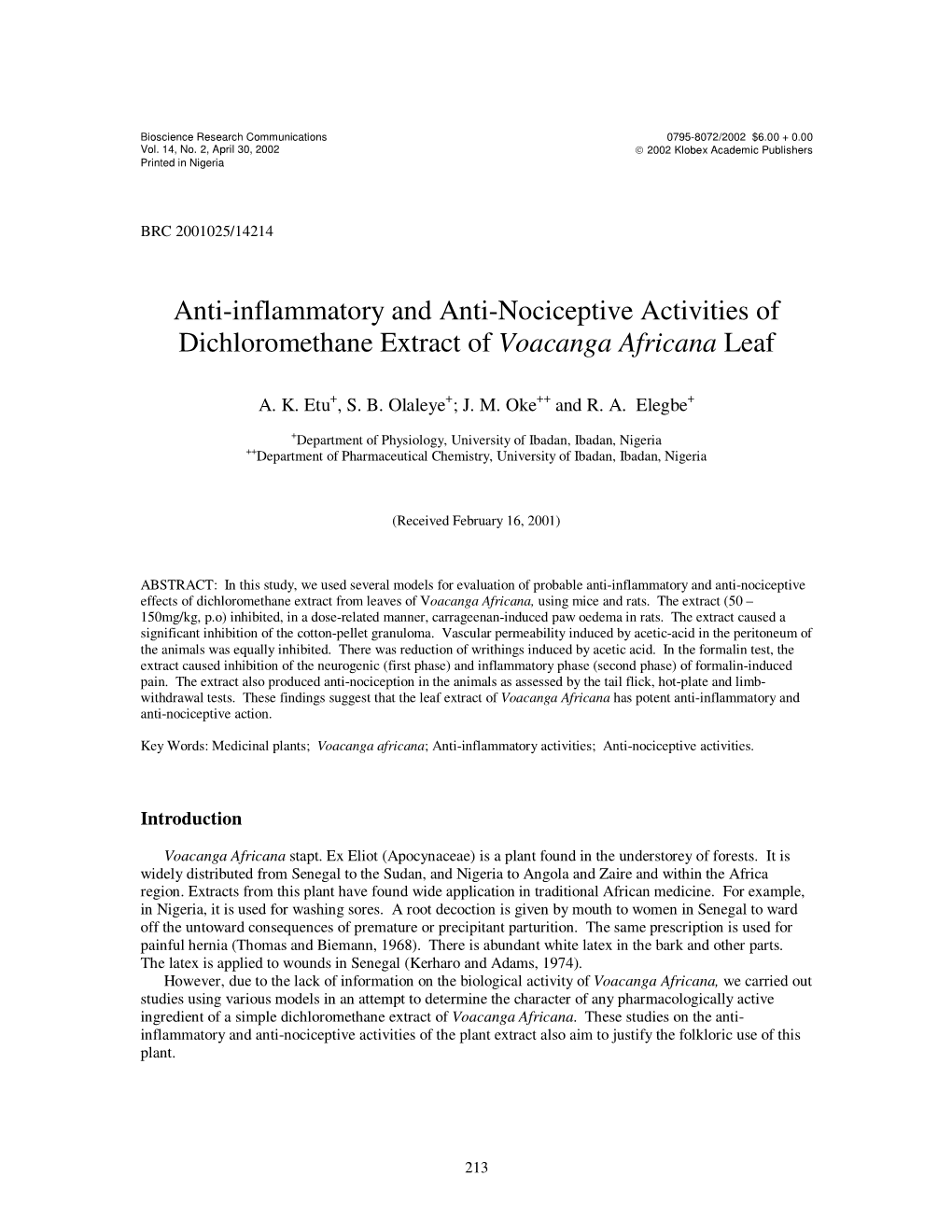 Anti-Inflammatory and Anti-Nociceptive Activities of Dichloromethane Extract of Voacanga Africana Leaf