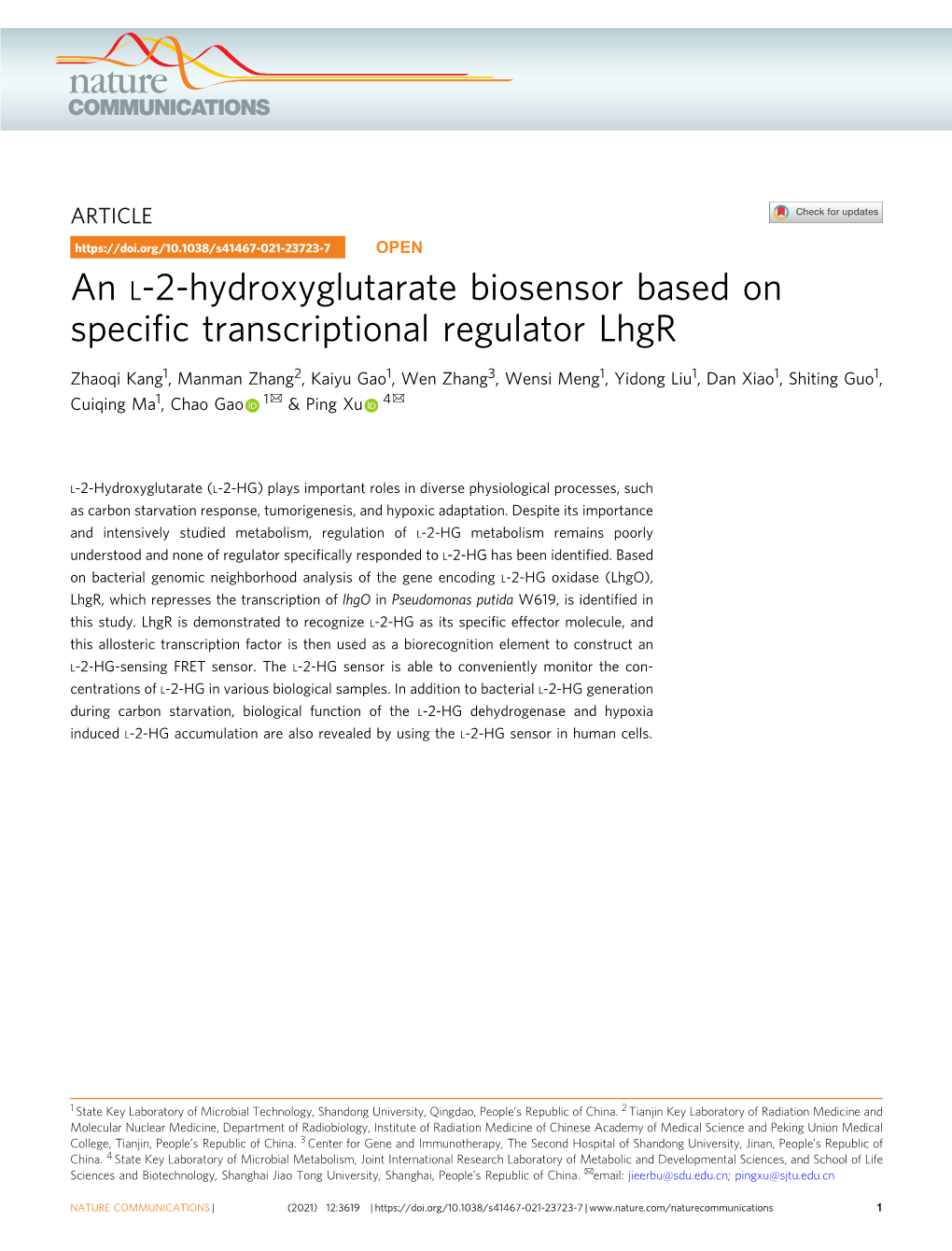 An L-2-Hydroxyglutarate Biosensor Based on Specific