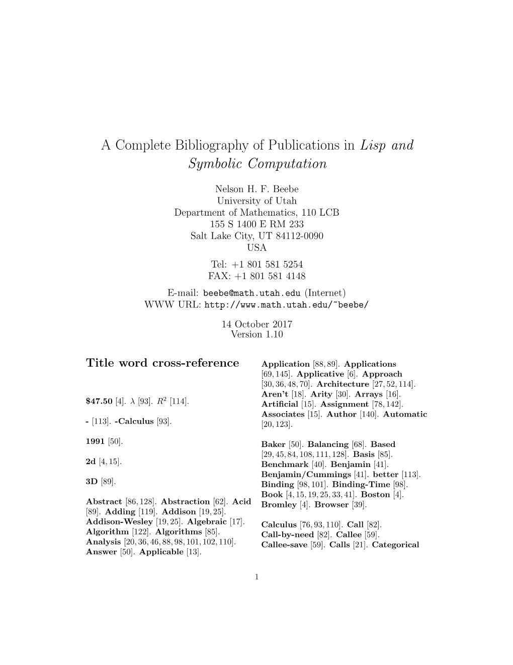 A Complete Bibliography of Publications in Lisp and Symbolic Computation