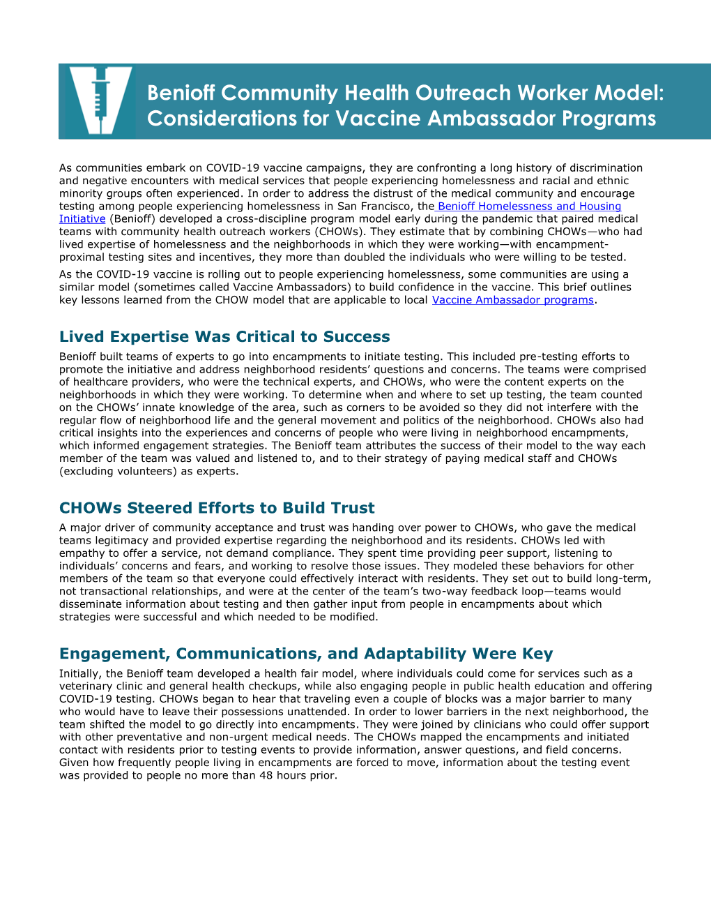 Benioff Community Health Outreach Worker Model: Considerations for Vaccine Ambassador Programs