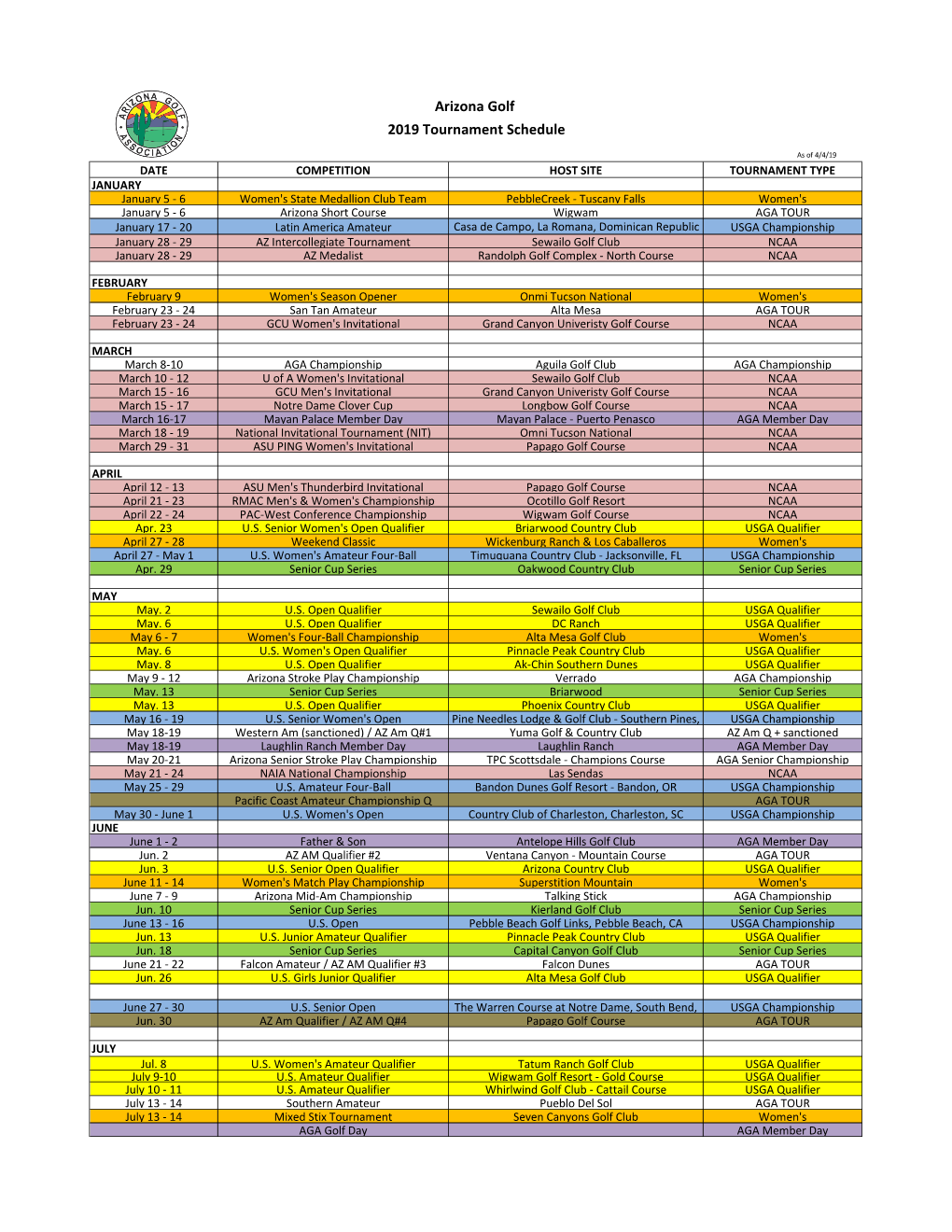 Arizona Golf 2019 Tournament Schedule