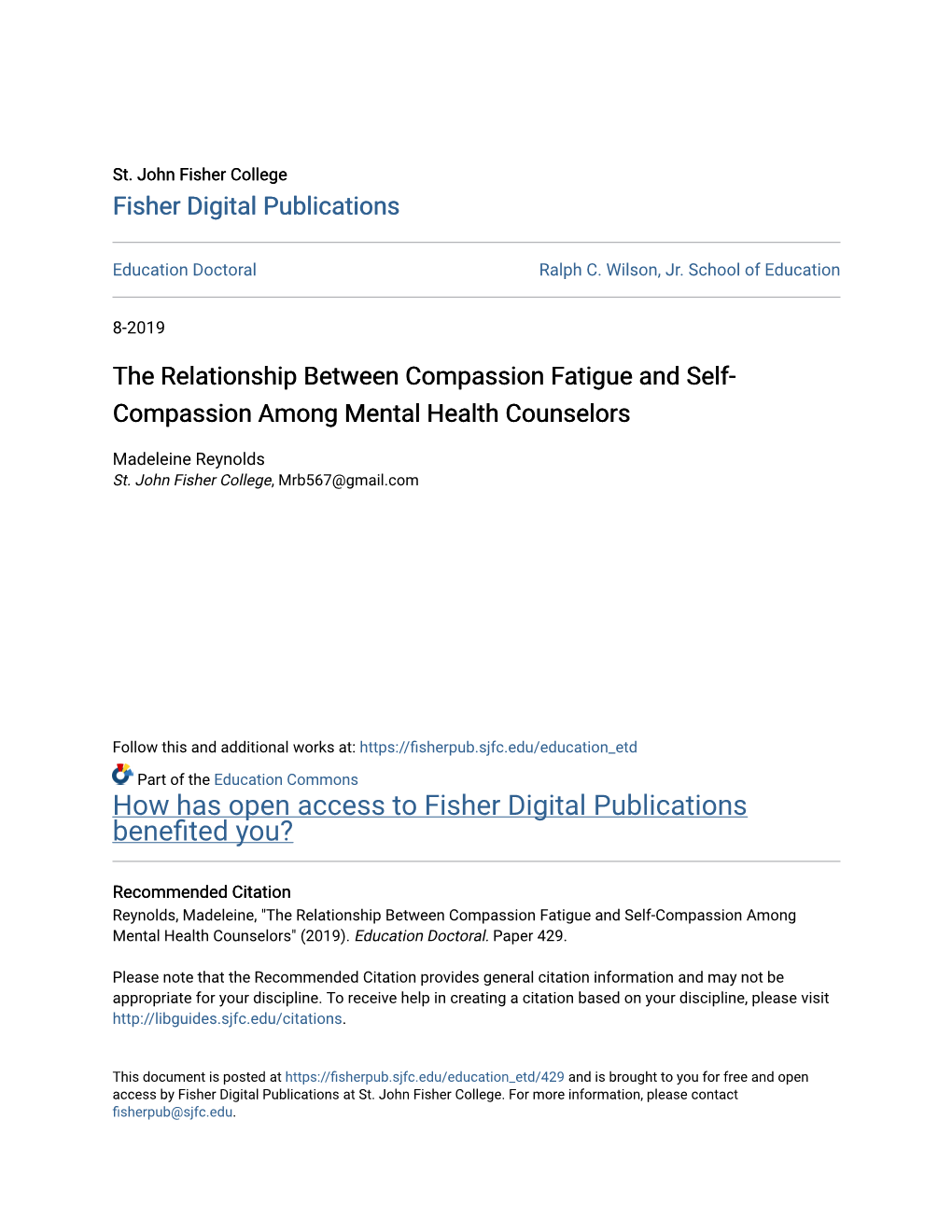The Relationship Between Compassion Fatigue and Self- Compassion Among Mental Health Counselors
