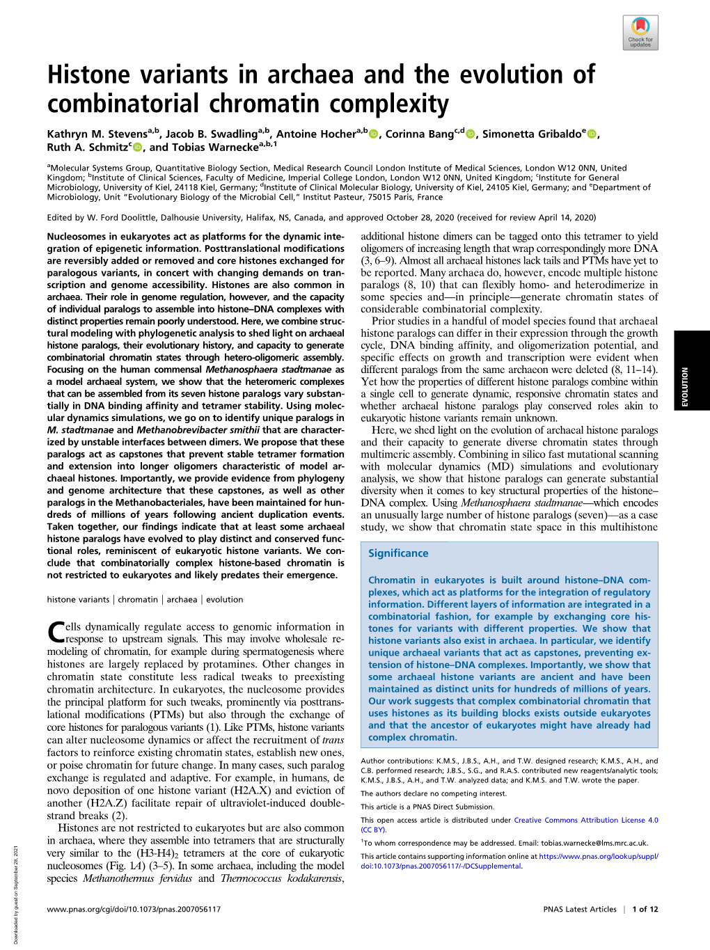 Histone Variants in Archaea and the Evolution of Combinatorial Chromatin Complexity