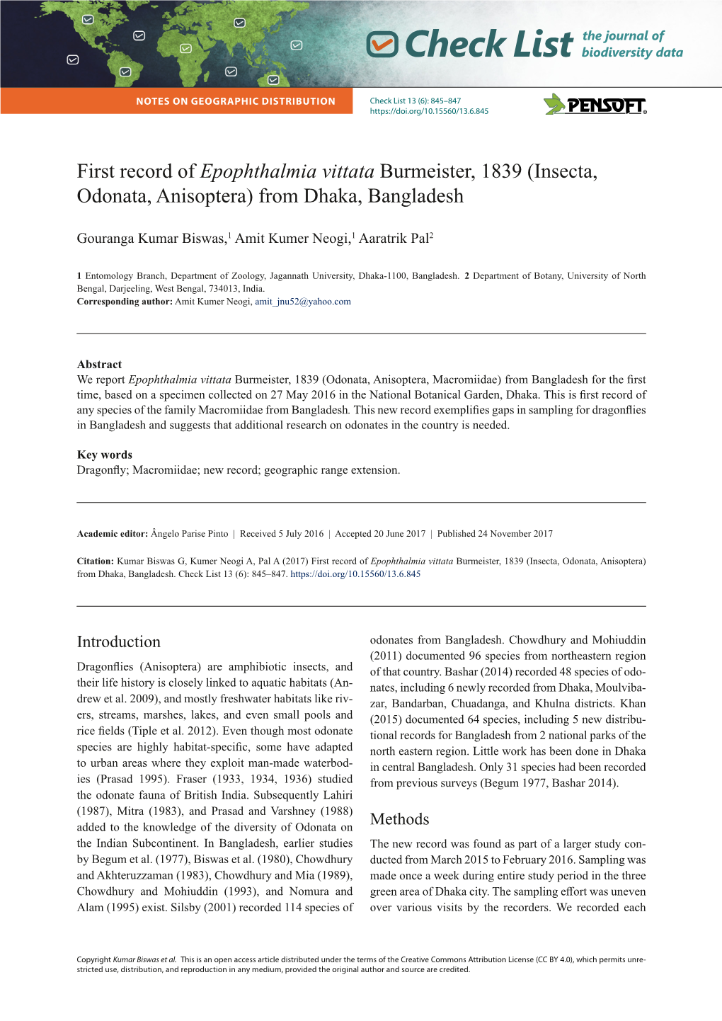 First Record of Epophthalmia Vittata Burmeister, 1839 (Insecta, Odonata, Anisoptera) from Dhaka, Bangladesh