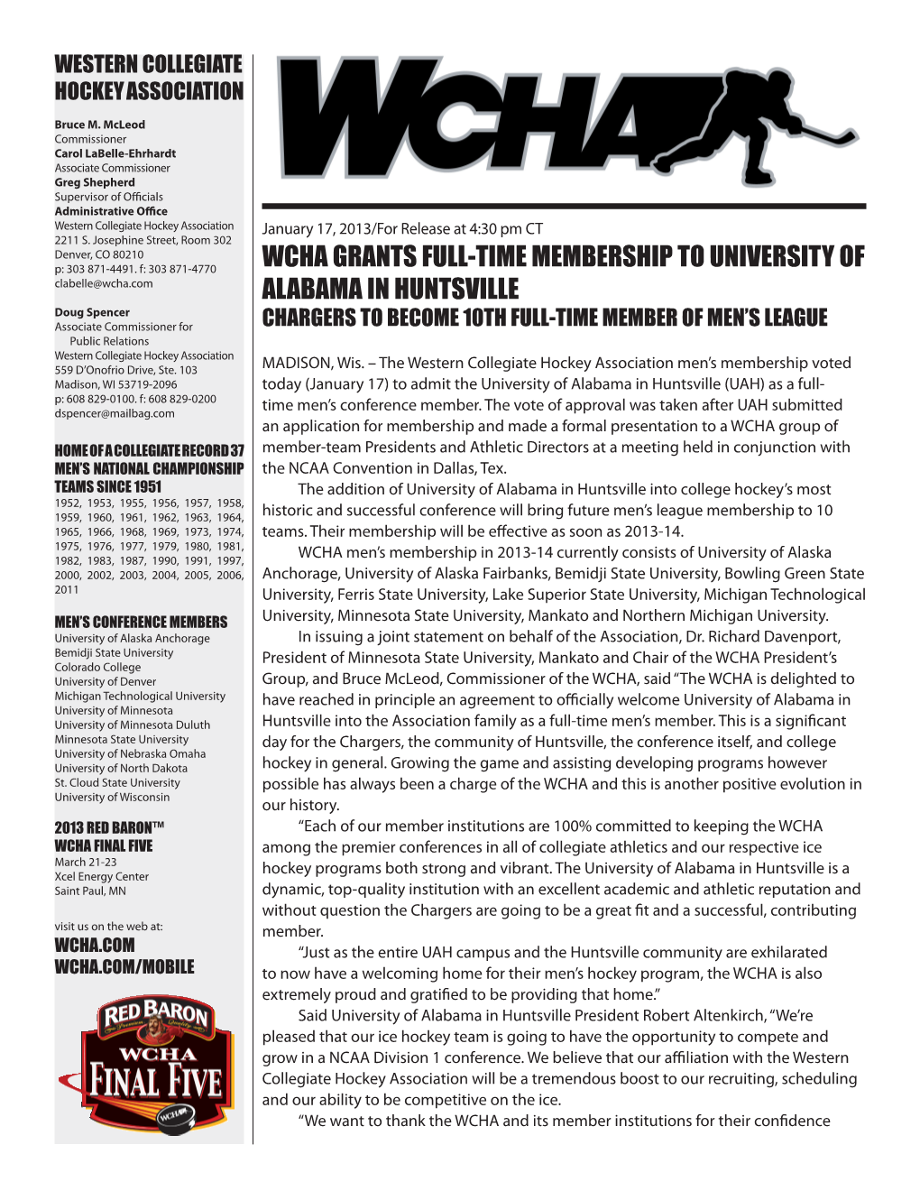 Wcha Grants Full-Time Membership to University Of