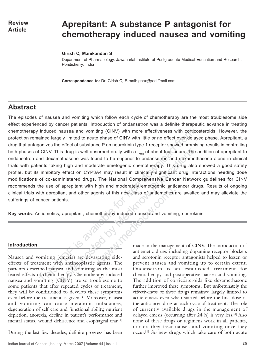 Aprepitant: a Substance P Antagonist for Chemotherapy Induced Nausea