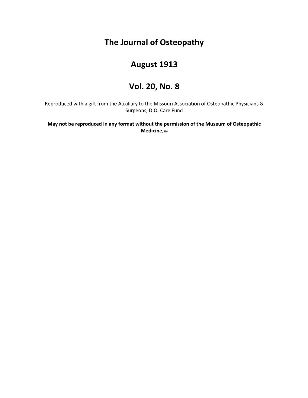 The Journal of Osteopathy August 1913 Vol. 20, No. 8