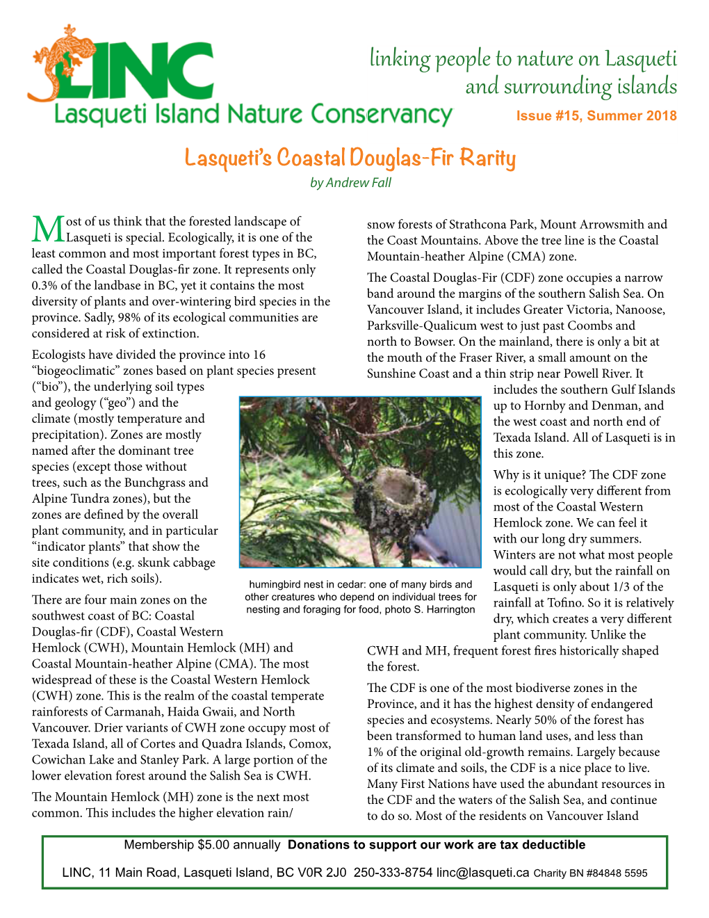 Linking People to Nature on Lasqueti and Surrounding Islands Issue #15, Summer 2018
