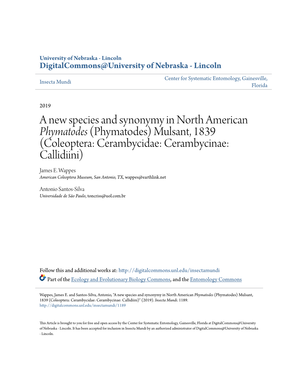 Phymatodes (Phymatodes) Mulsant, 1839 (Coleoptera: Cerambycidae: Cerambycinae: Callidiini) James E