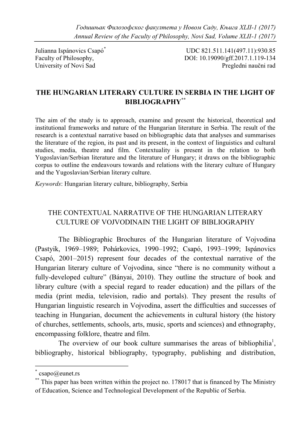 The Hungarian Literary Culture in Serbia in the Light of Bibliography**