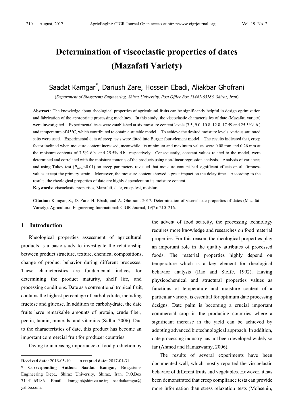 Determination of Viscoelastic Properties of Dates (Mazafati Variety)