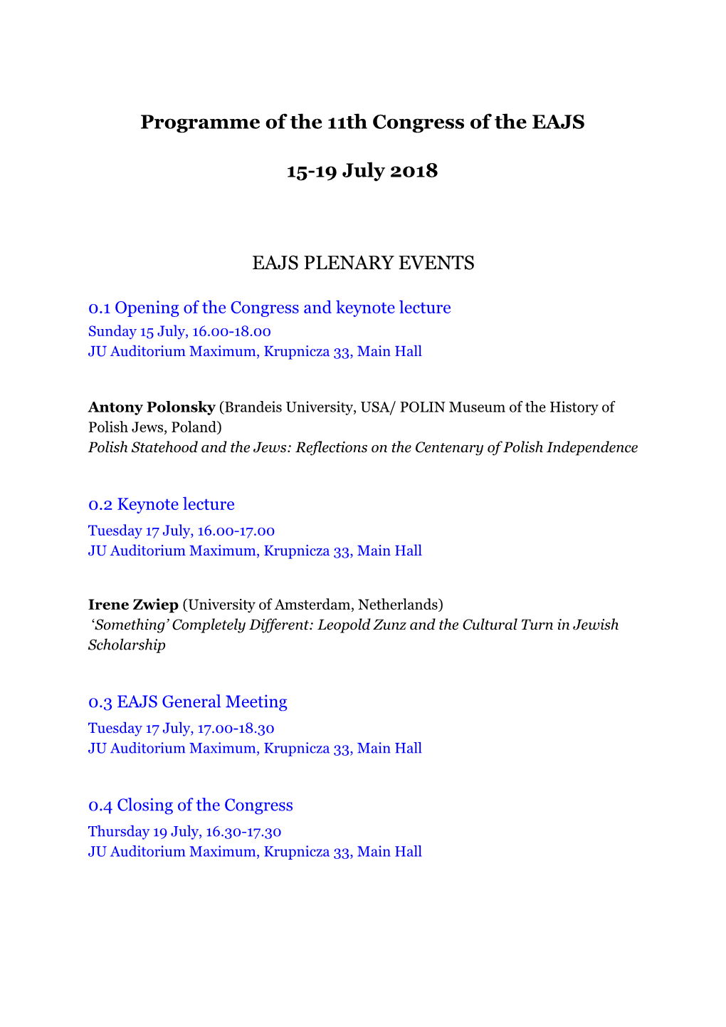 Programme of the 11Th Congress of the EAJS 15-19 July 2018 EAJS