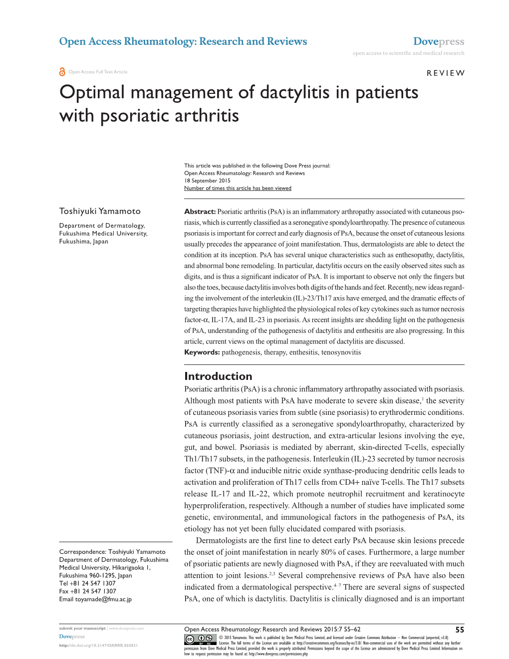 Optimal Management of Dactylitis in Patients with Psoriatic Arthritis