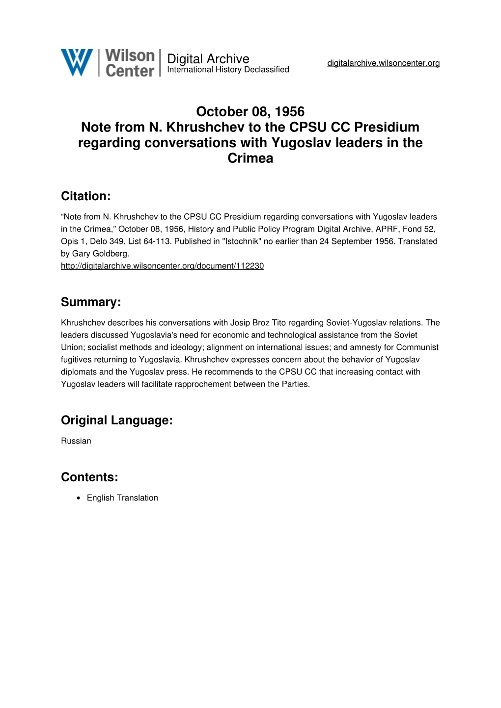 October 08, 1956 Note from N. Khrushchev to the CPSU CC Presidium Regarding Conversations with Yugoslav Leaders in the Crimea