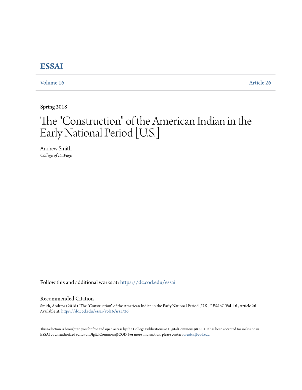 Of the American Indian in the Early National Period [U.S.] Andrew Smith College of Dupage