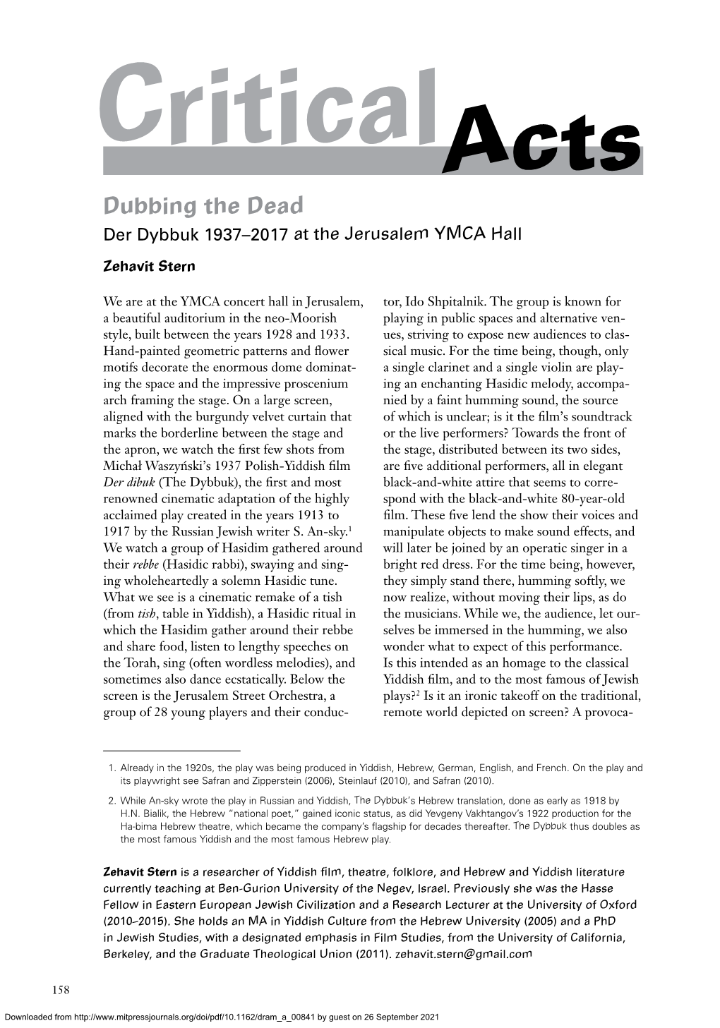 Dubbing the Dead Der Dybbuk 1937–2017 at the Jerusalem YMCA Hall