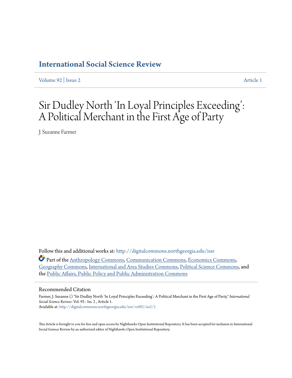 Sir Dudley North 'In Loyal Principles Exceeding': a Political Merchant In