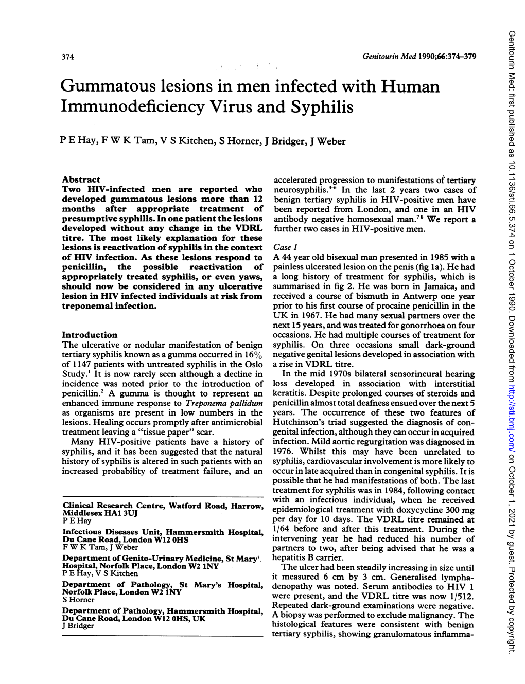 Gummatous Lesions in Men Infected with Human Immunodeficiency Virus and Syphilis