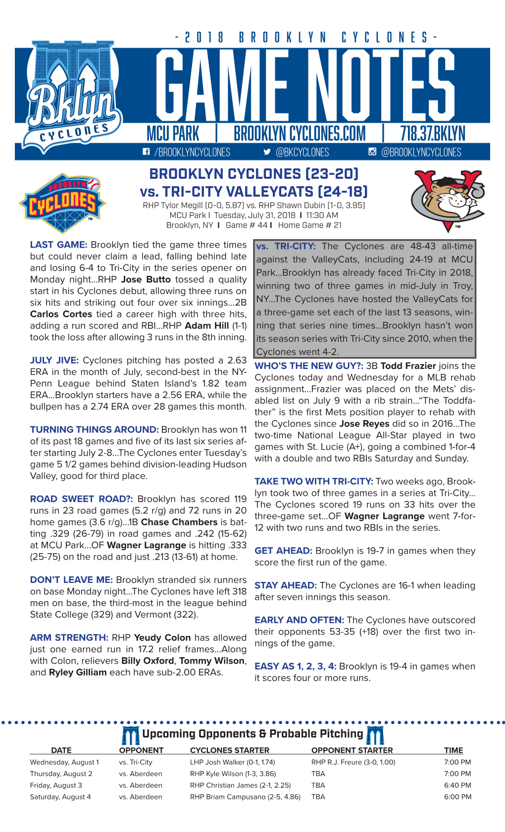 BROOKLYN CYCLONES (23-20) Vs. TRI-CITY VALLEYCATS (24-18) RHP Tylor Megill (0-0, 5.87) Vs