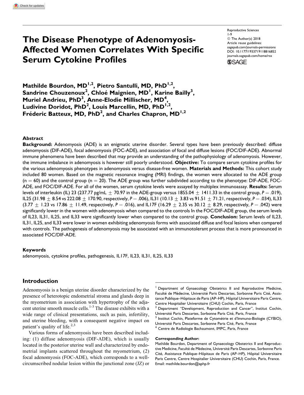 Affected Women Correlates with Specific Serum Cytokine Profiles