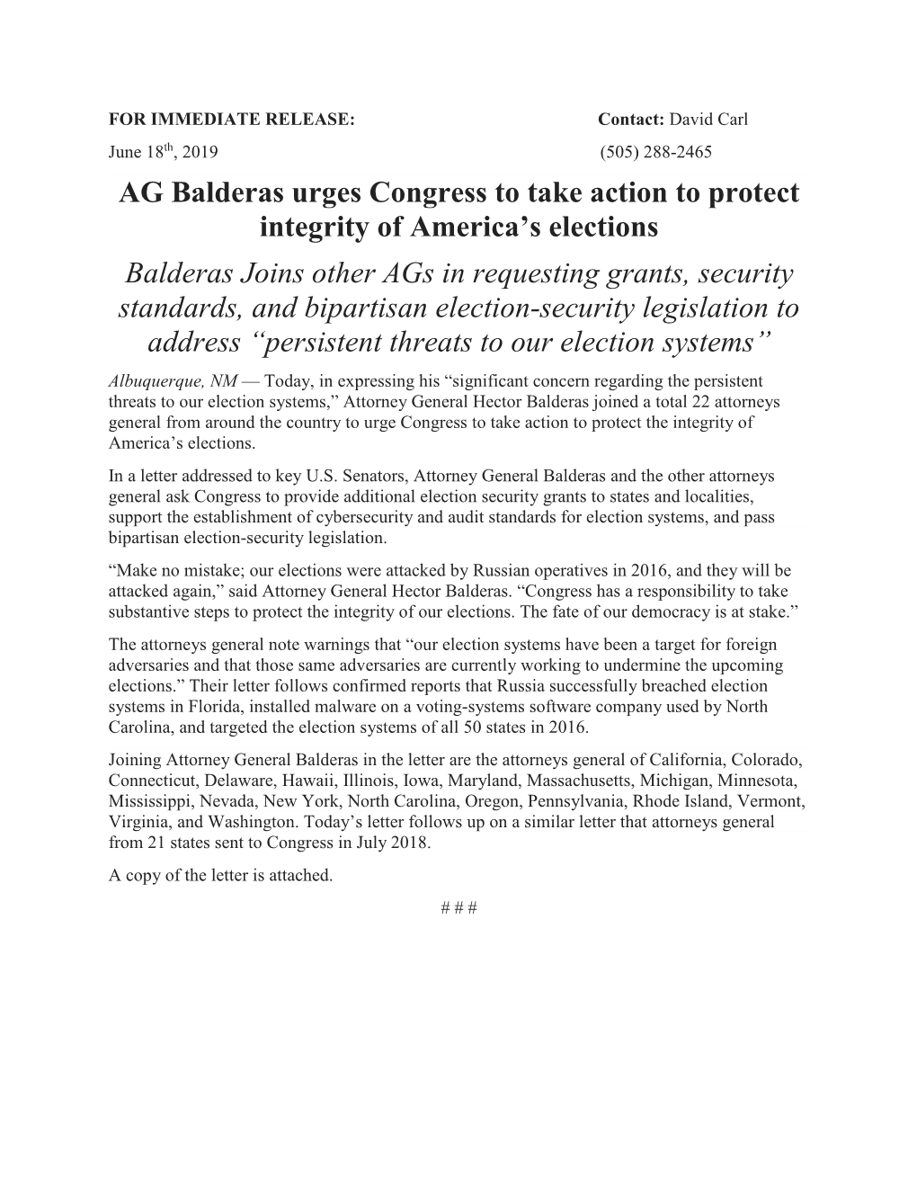 AG Balderas Urges Congress to Take