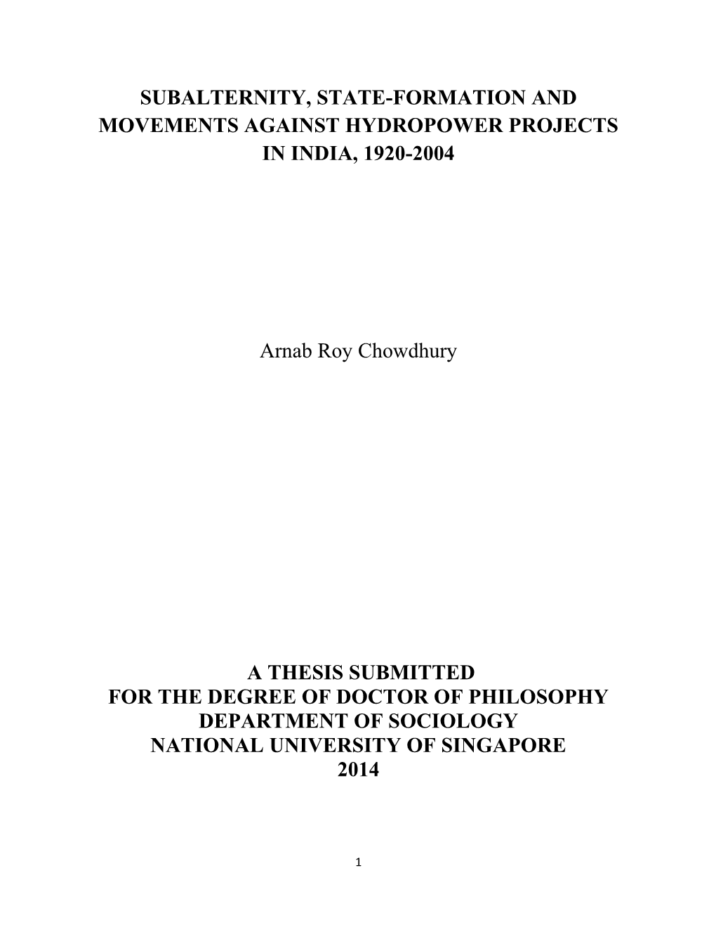 Subalternity, State-Formation and Movements Against Hydropower Projects in India, 1920-2004