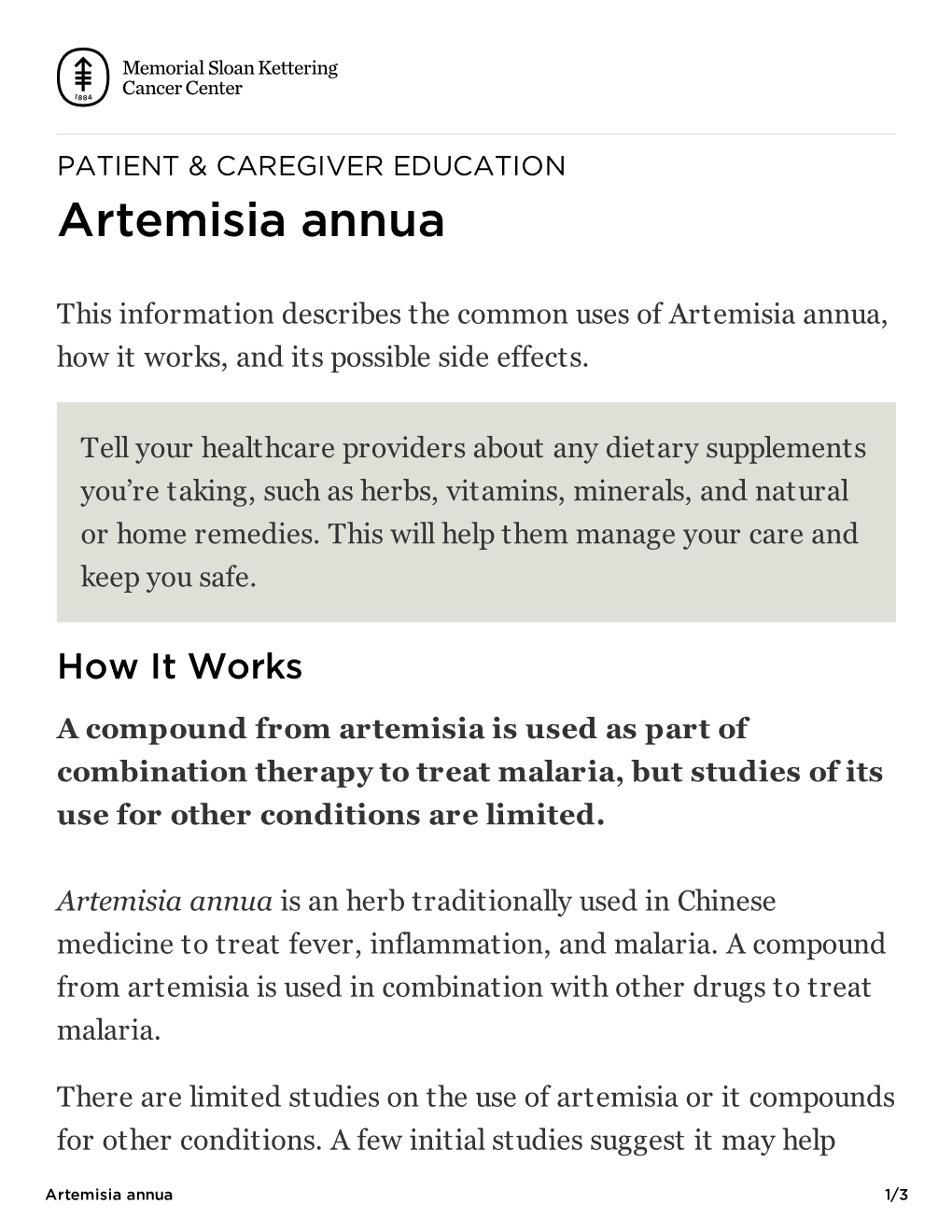 Artemisia Annua | Memorial Sloan Kettering Cancer Center