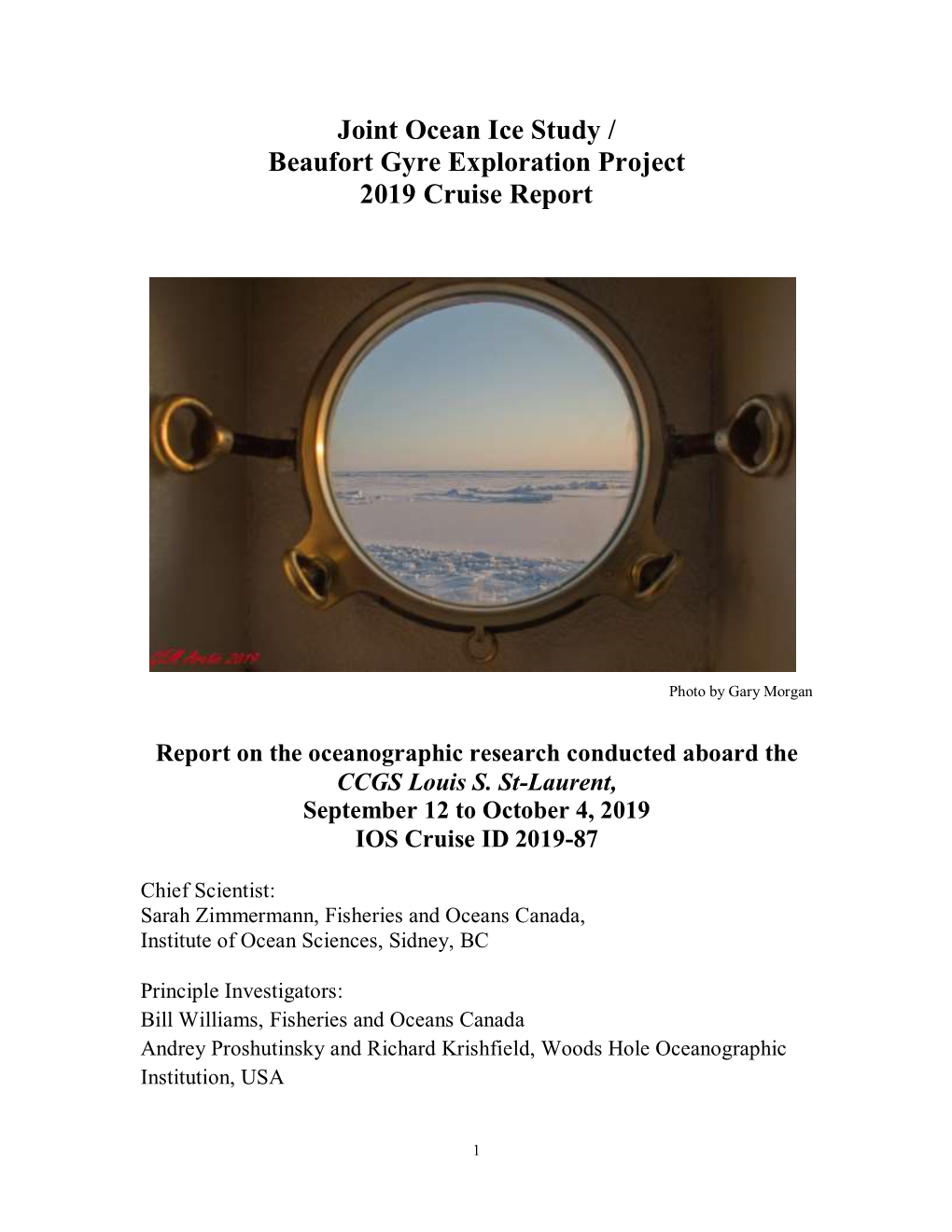 Joint Ocean Ice Study / Beaufort Gyre Exploration Project 2019 Cruise Report