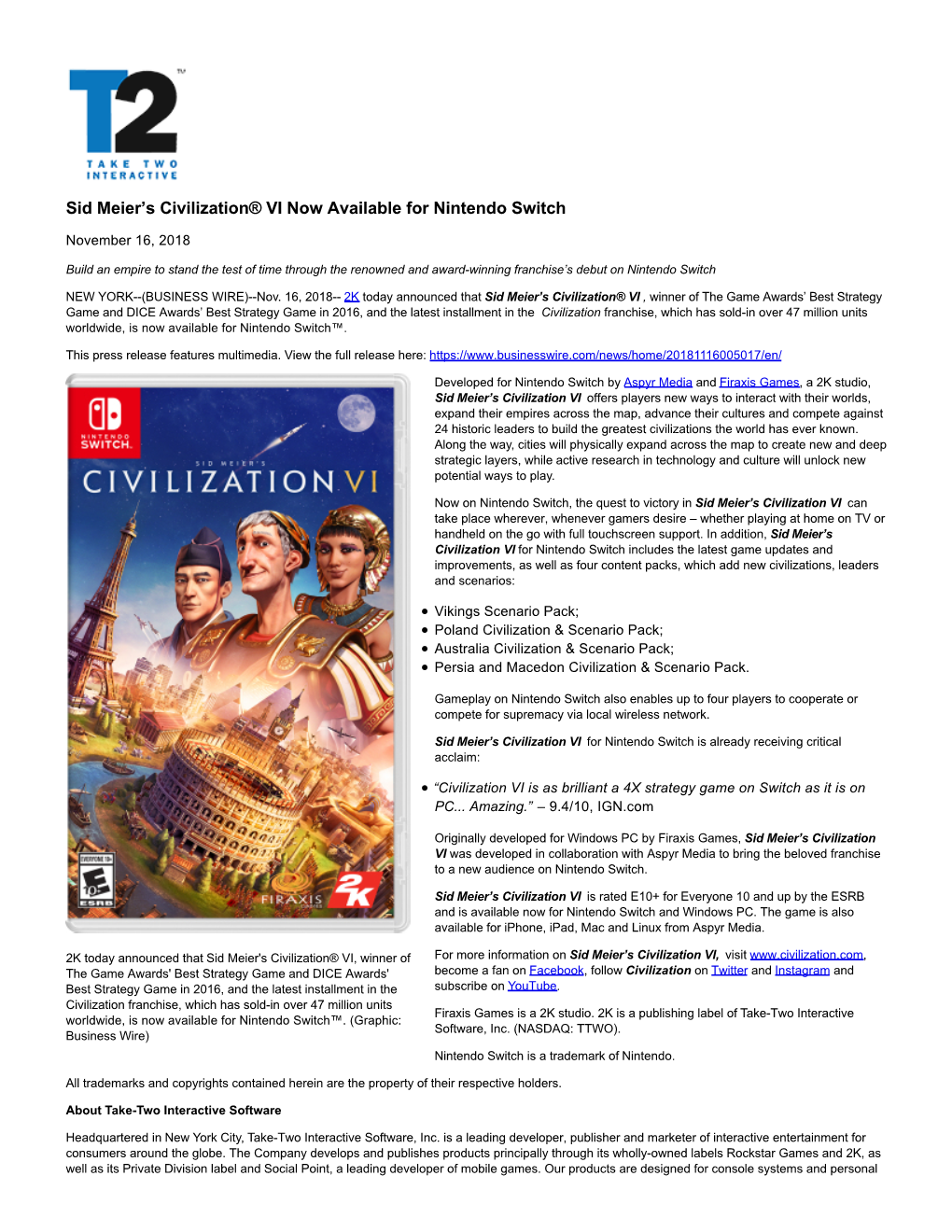 Sid Meier's Civilization® VI Now Available for Nintendo Switch