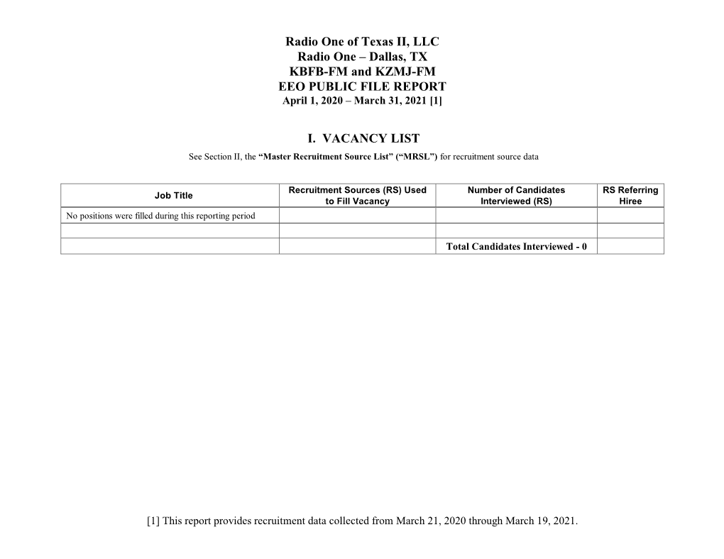 Radio One of Texas II, LLC Radio One – Dallas, TX KBFB-FM and KZMJ-FM EEO PUBLIC FILE REPORT April 1, 2020 – March 31, 2021 [1]