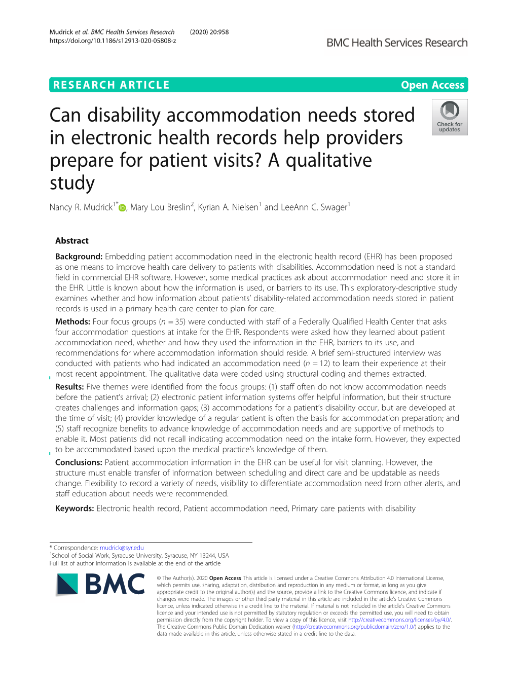 Can Disability Accommodation Needs Stored in Electronic Health Records Help Providers Prepare for Patient Visits? a Qualitative Study Nancy R