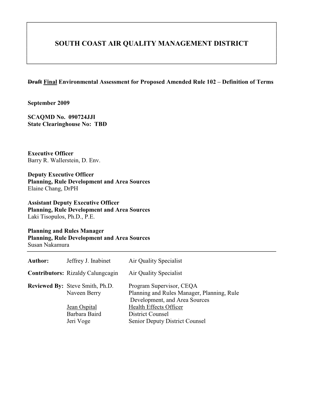 Final Environmental Assessment for Proposed Amended Rule 102 – Definition of Terms