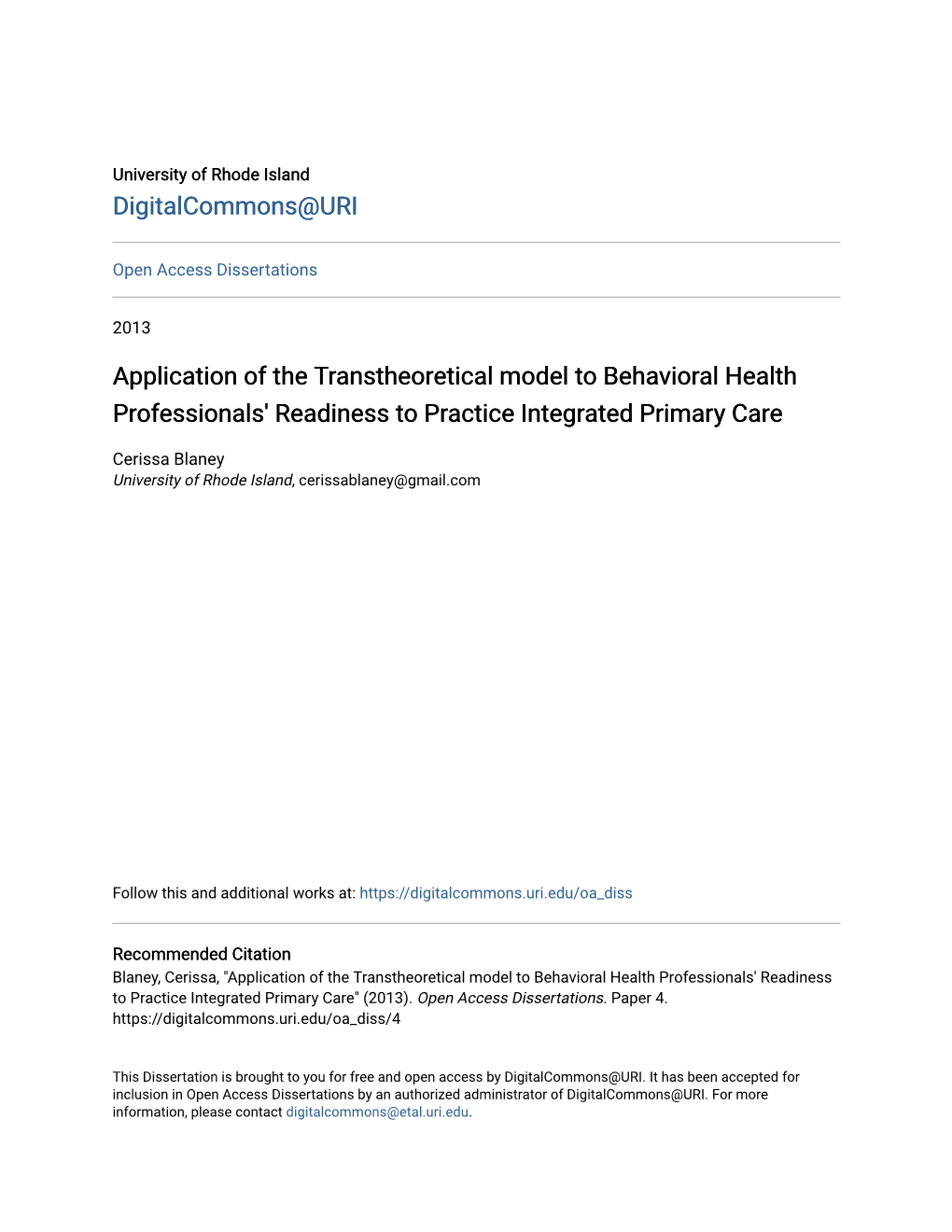 Application of the Transtheoretical Model to Behavioral Health Professionals' Readiness to Practice Integrated Primary Care