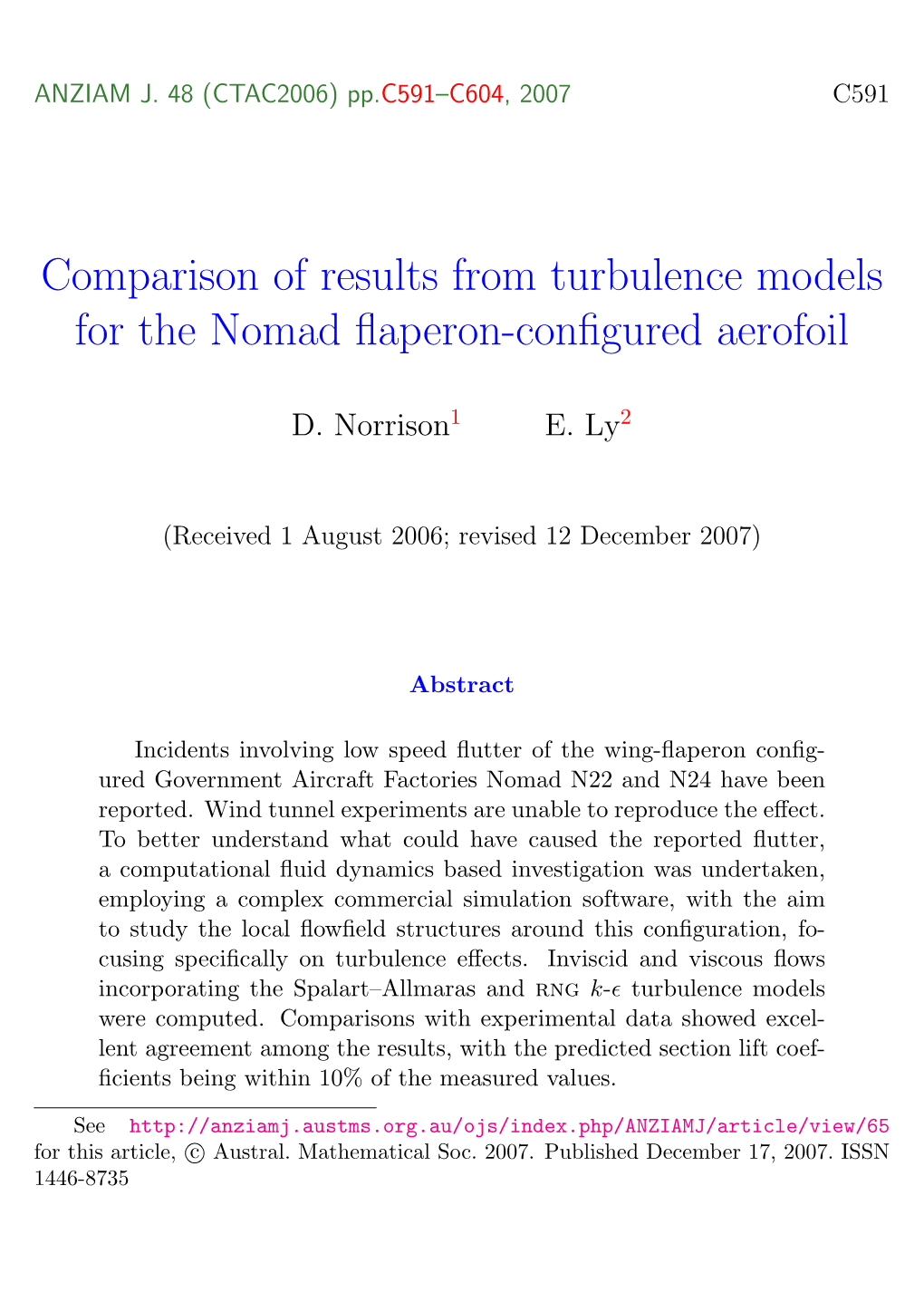 Comparison of Results from Turbulence Models for the Nomad Flaperon