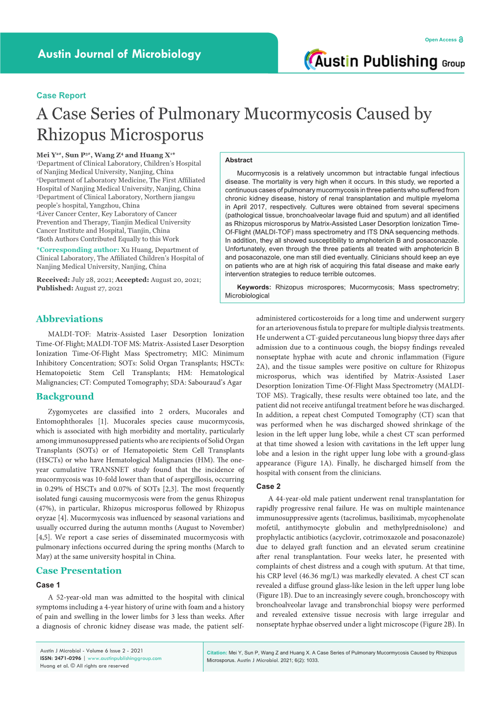 A Case Series of Pulmonary Mucormycosis Caused by Rhizopus Microsporus