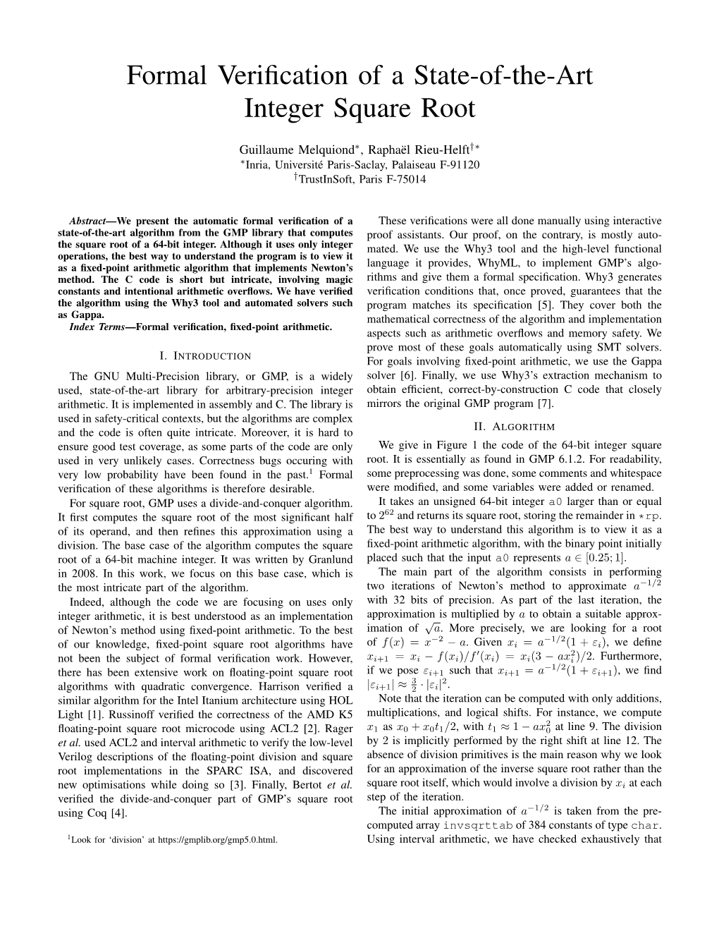 Formal Verification of a State-Of-The-Art Integer Square Root